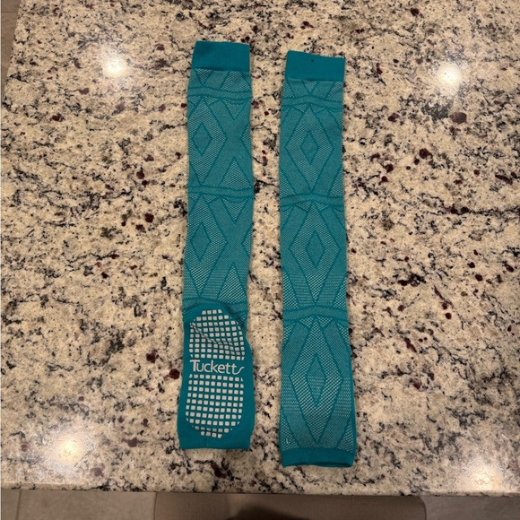 Blue Pilates Knee High Socks with Geometric Patterns and Non Slip Feature - Picture 1 of 5